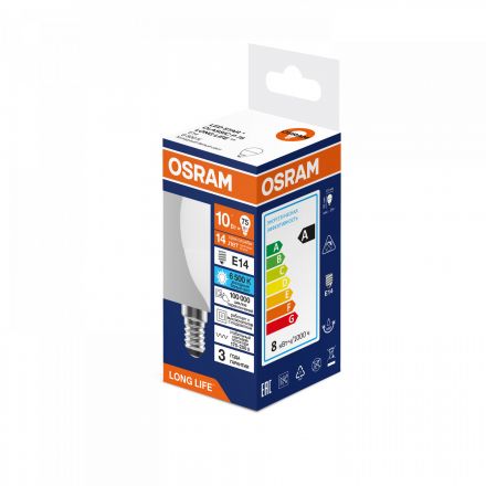 Лампа светодиодная 10Вт 806Лм 6500К Е14 шар 170-250В OSRAM LONG LIFE