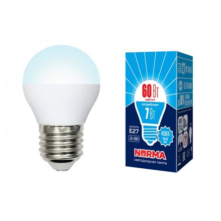 Лампа светодиодная LED-G45-7W/NW/E27/FR/NRФорма шар, матовая. Серия Norma. Белый свет (4000K). Картон. ТМ Volpe
